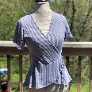 Blue and white striped cross tie shirt